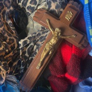 Antique 1950s walnut wood Jesus crucifix holy oil candles
